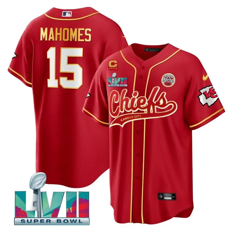 kansas city chiefs #15 patrick mahomes red with 4 star c patch and super bowl Football jersey