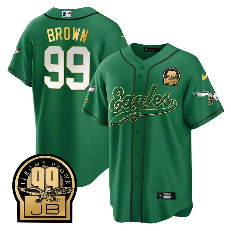 Kelly Gold Trim Brian Dawkins Eagles Jerome Brown Retired Patch Kelly Green Baseball Jersey All Stitched - Image 4
