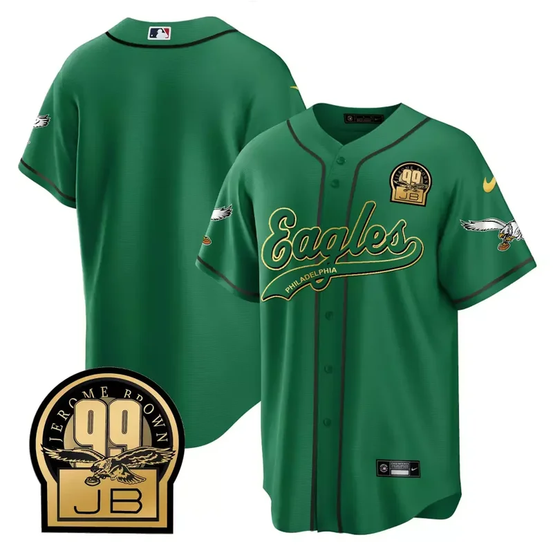Kelly Gold Trim Brian Dawkins Eagles Jerome Brown Retired Patch Kelly Green Baseball Jersey All Stitched - Image 5