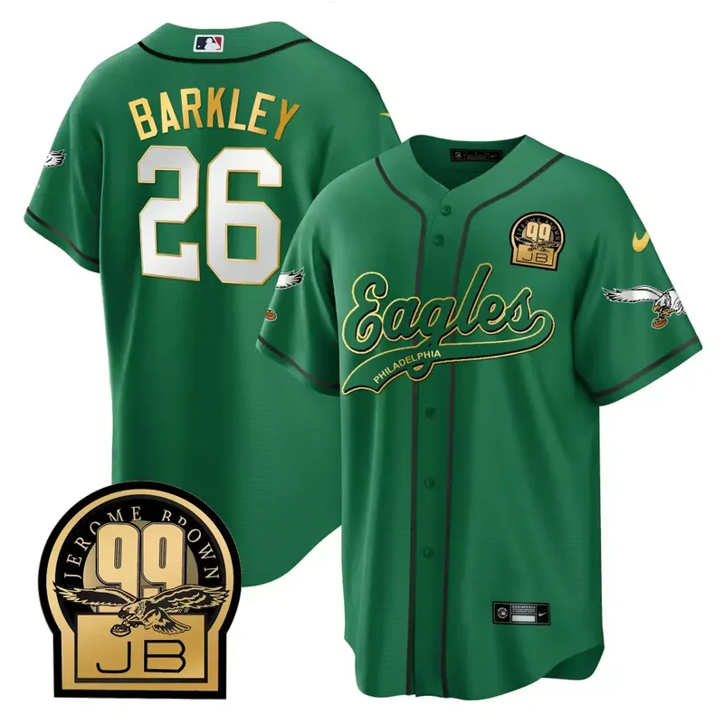 Kelly Gold Trim Saquon Barkley Eagles Jerome Brown Retired Patch Kelly Green Baseball Jersey All Stitched