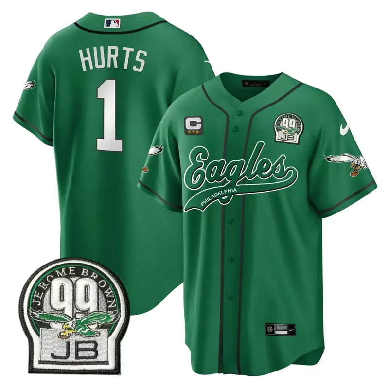 Kelly Saquon Barkley Eagles Jerome Brown Retired Patch Kelly Green Baseball Jersey All Stitched - Image 2