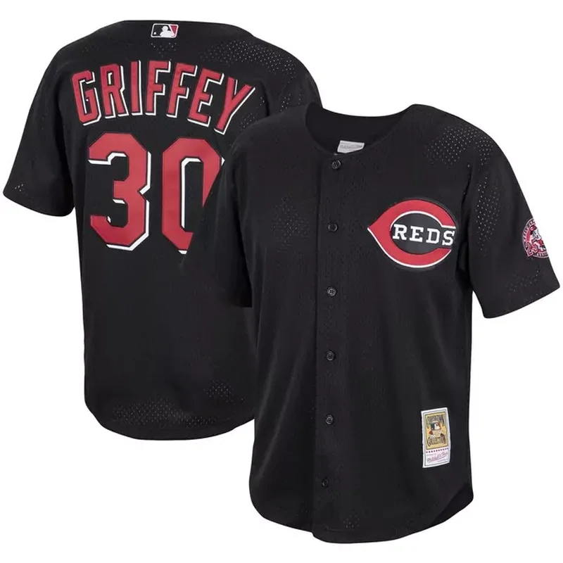 Ken Griffey Jr Cincinnati Reds Cooperstown Collection Mesh Batting Practice Button-Up Jersey Black