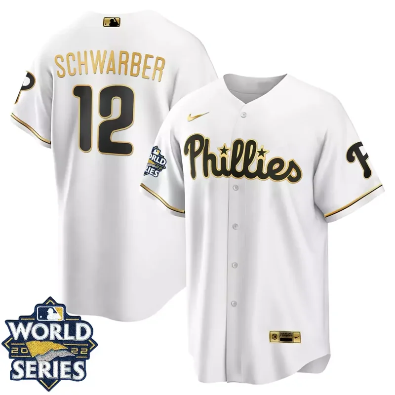 Kyle Schwarber Philadelphia Phillies Cool Base White Gold 2022 World Series Jersey All Stitched