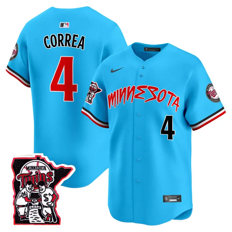Light Blue Carlos Correa minnesota twins shaking hands patch jersey all stitched