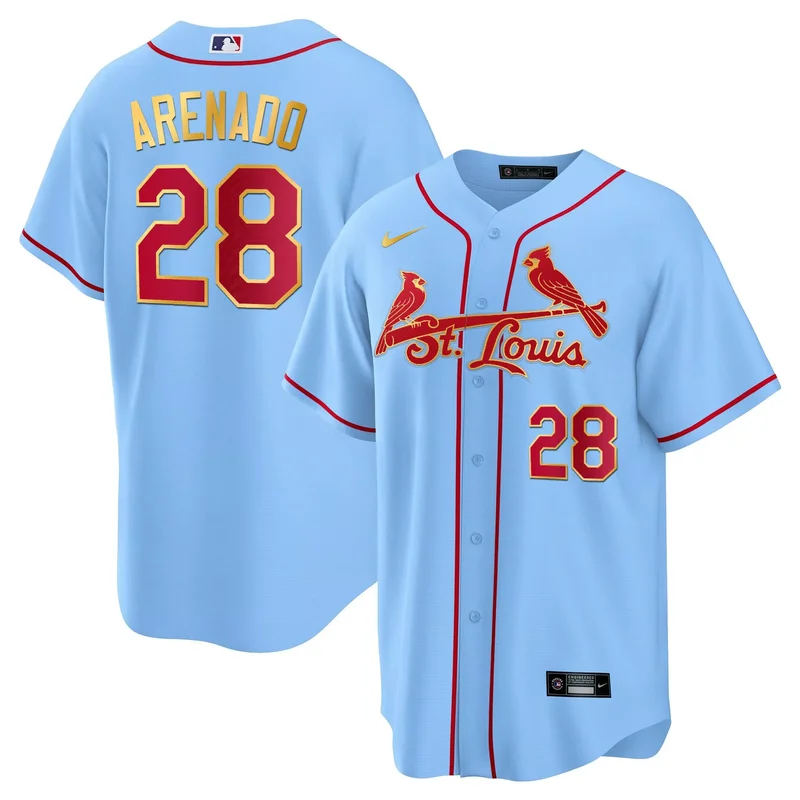 Light Blue Nolan Arenado st. louis cardinals Gold trim jersey all stitched