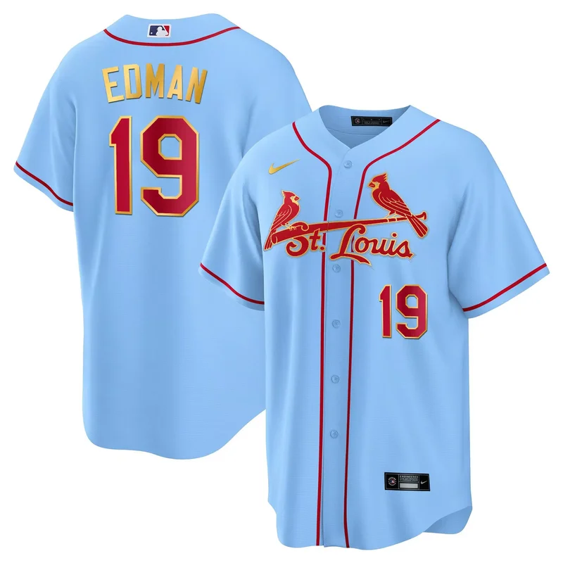 Light Blue Tommy Edman st. louis cardinals Gold trim jersey all stitched