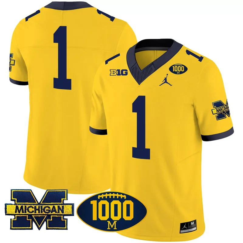 Maize #1 Team michigan wolverines 1000 wins patch jersey v3 all stitched - Image 5