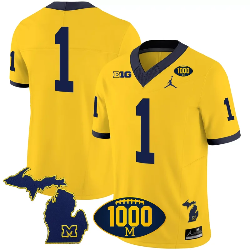 Maize #1 Team michigan wolverines 1000 wins patch jersey v3 all stitched