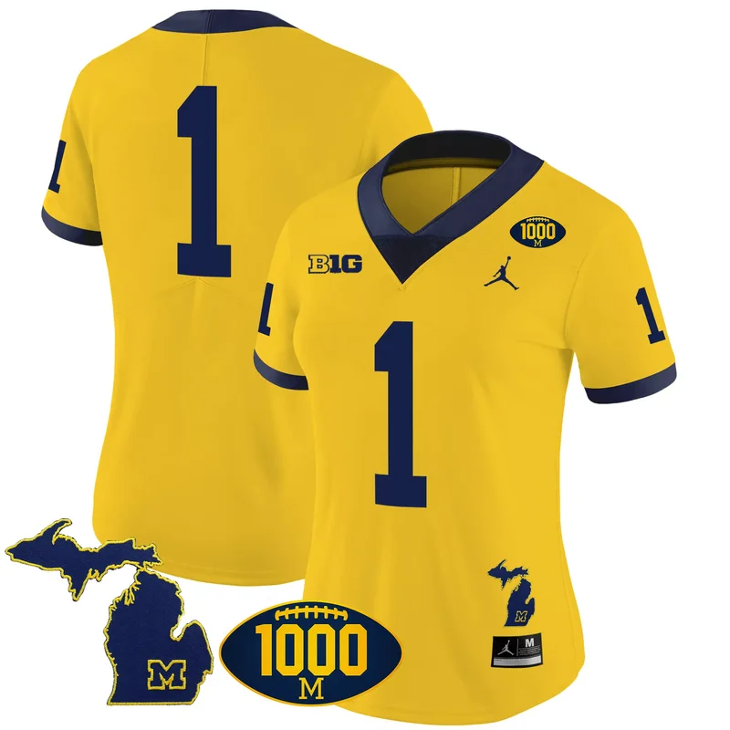 Maize #1 Team michigan wolverines 1000 wins patch jersey v3 all stitched