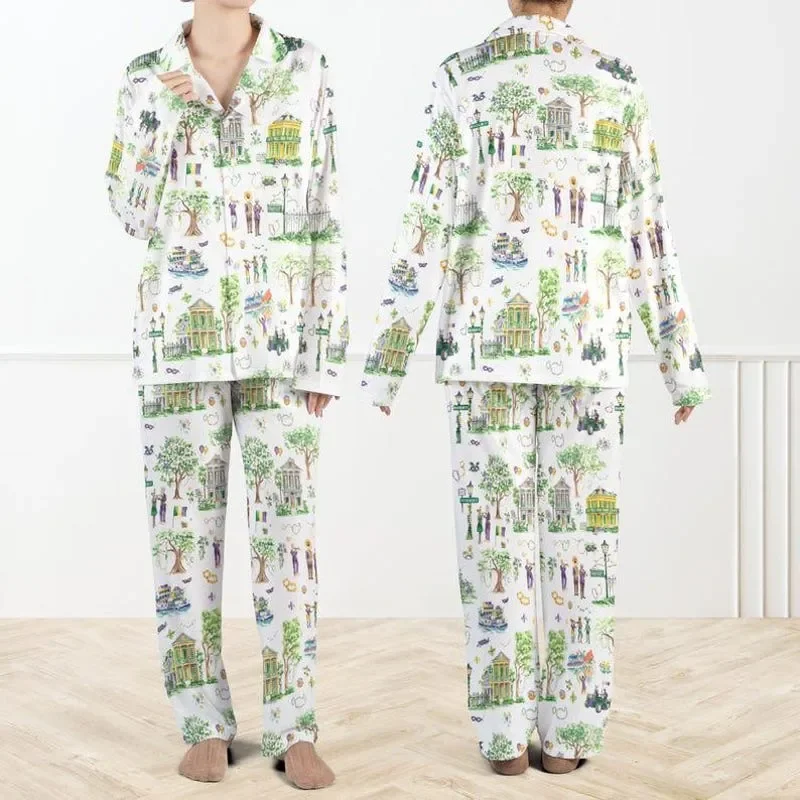 Mardi Gras Parade Silky Satin Pajama Set For Women New Pajamas Orleans Vintage City Sleepwear Festive Gift
