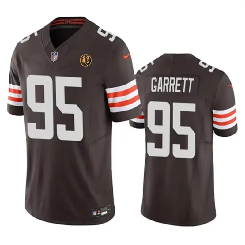 Men's Cleveland Cleveland Browns #95 Myles Garrett Brown 2023 F.U.S.E. With Jim Brown Memorial Patch and 4-Star C Patch Vapor Untouchable Stitched Jersey - Image 3