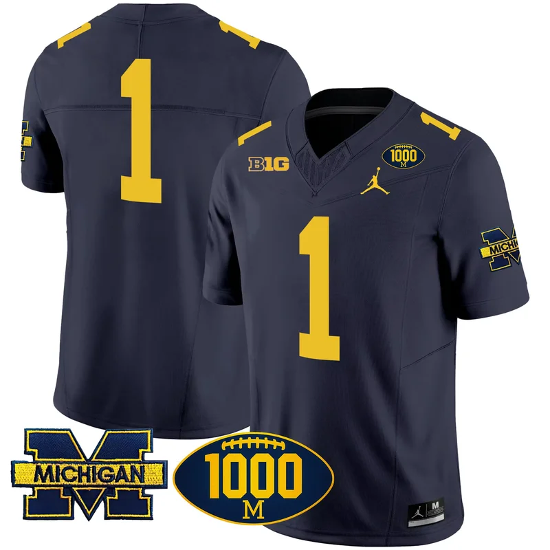 Navy #1 Team michigan wolverines 1000 wins patch jersey v2 all stitched