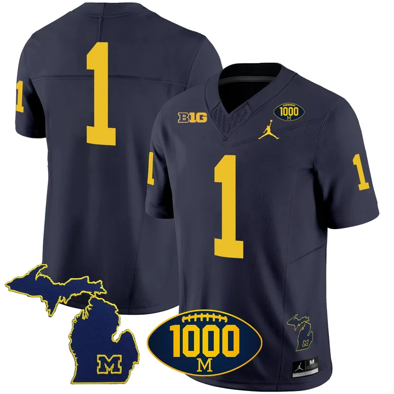 Navy #1 Team michigan wolverines 1000 wins patch jersey v2 all stitched - Image 2
