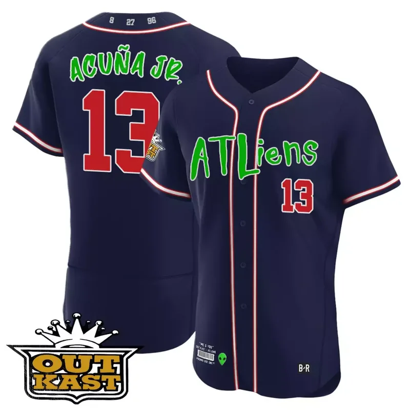 Navy Ronald Acuna Jr Atlanta Braves Atliens Flex Base Jersey All Stitched