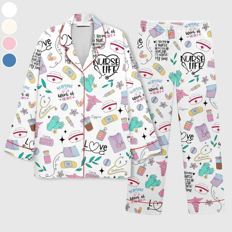 Nurse Life Pajama Set Medical Print Satin Sleepwear Gift Pajamas
