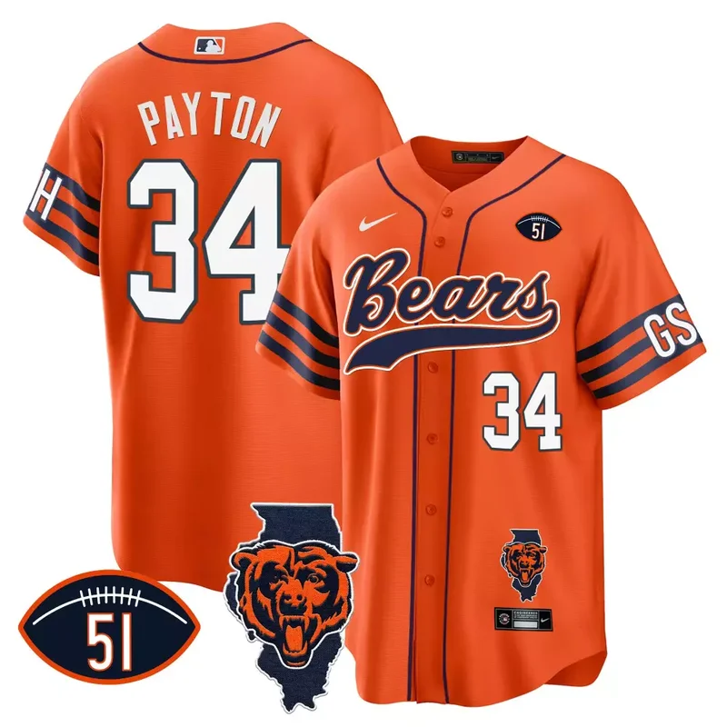 Orange Walter Payton Bears Illinois Patch Baseball Jersey All Stitched