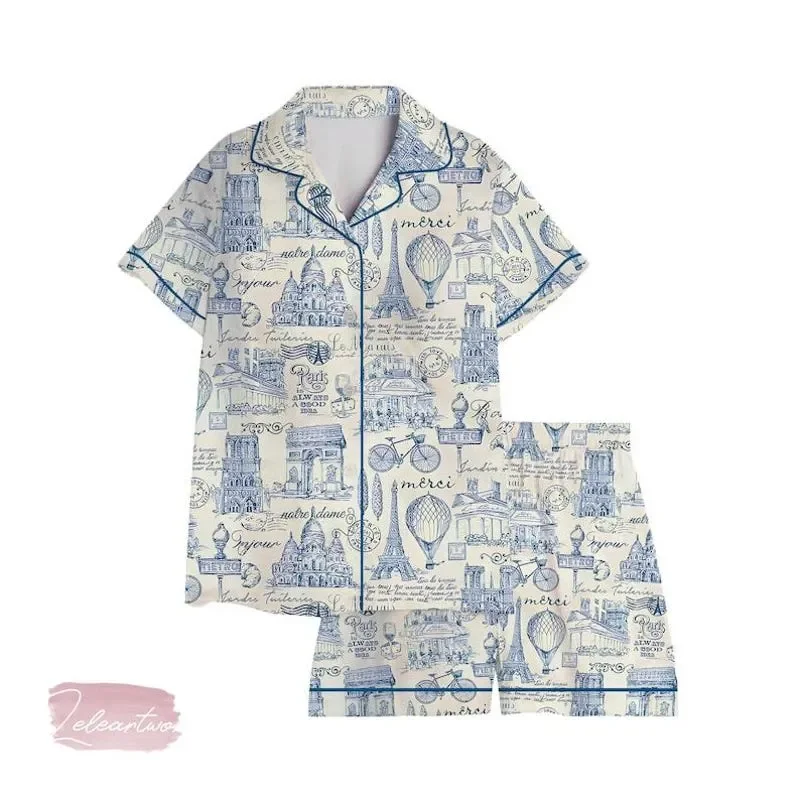 Paris Merci Vintage Set Silky Satin Pajama for Women French Pajamas Toile Sleepwear Blue Print Lounge Gift Francophiles