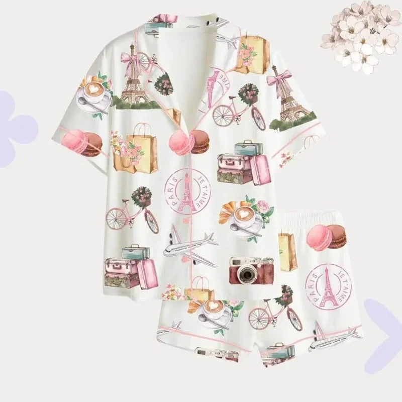 Paris Travel Print Pajama Set Satin Style PJs Gift for Her Pajamas