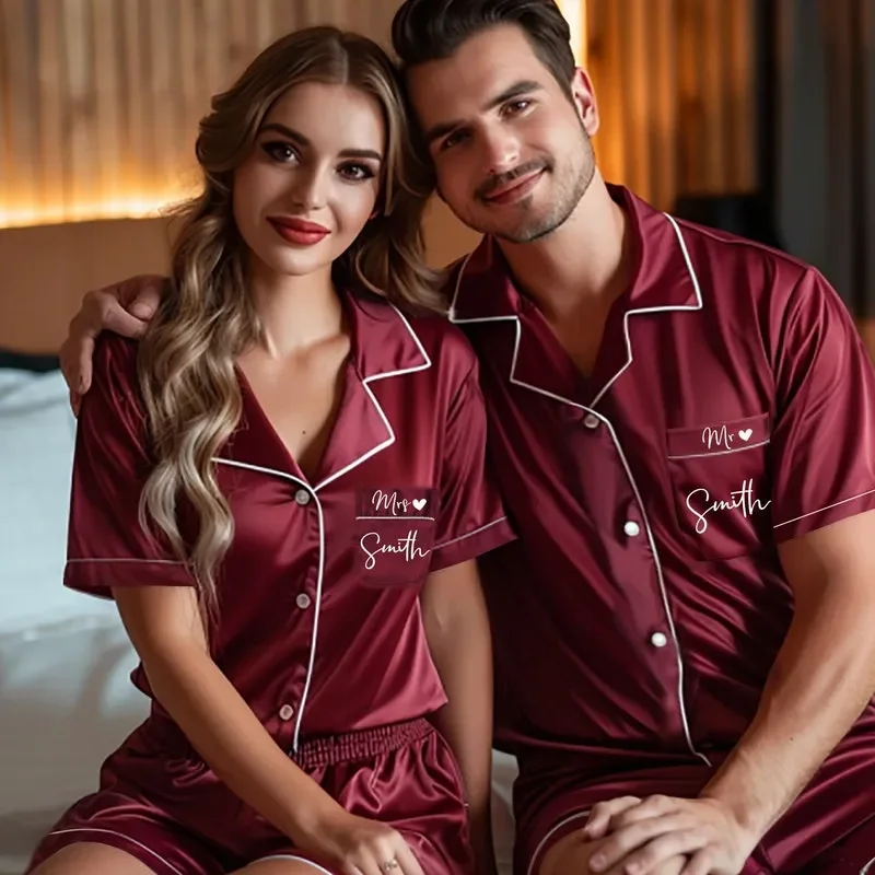 Personalised Couples Pyjamas Mr Mrs satin Monogram wedding Pajamas Bridal Party Matching Set