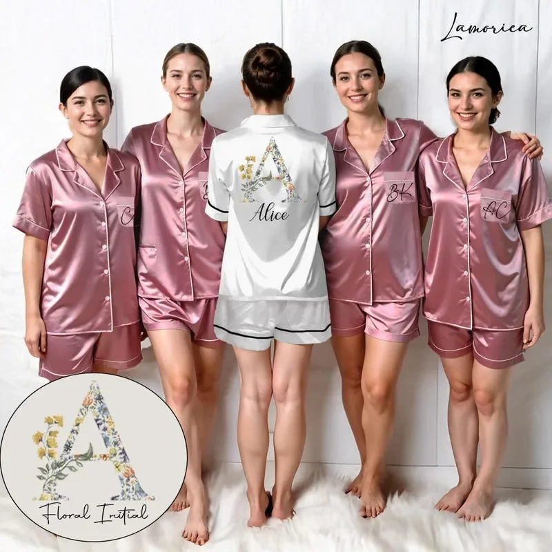 Personalized Womens Floral Set Bridesmaid Proposal PJs Satin Pajamas Wedding Monogram Gift for Her