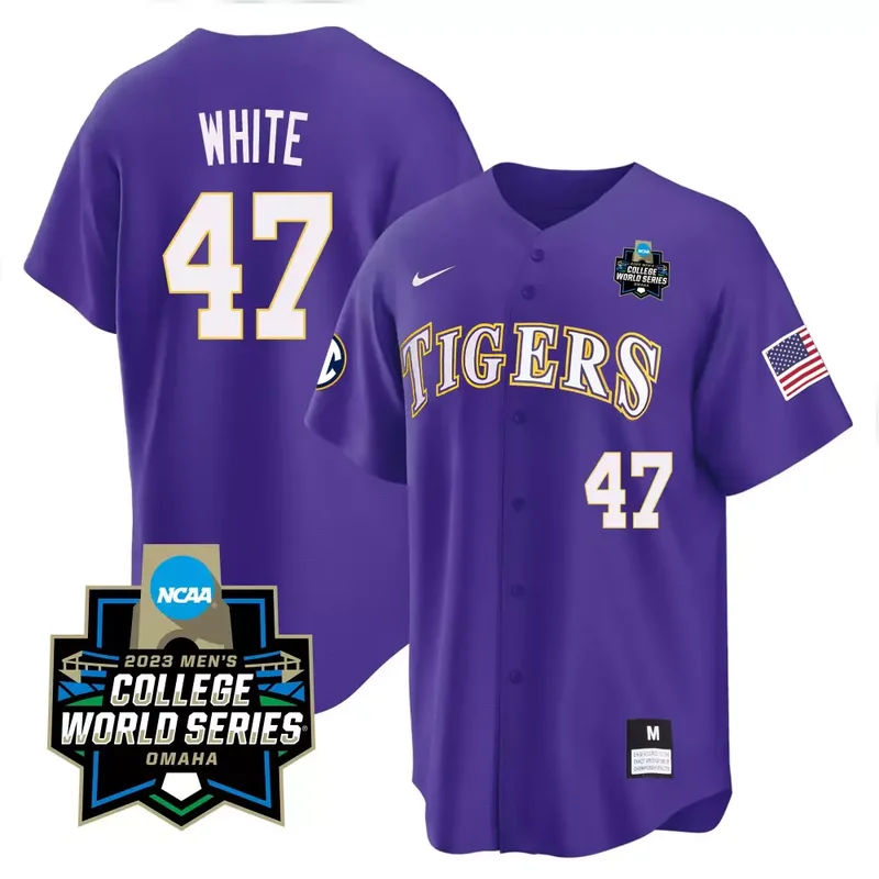 Purple Tommy White LSU Tigers College Baseball World Series Jersey V2 All Stitched