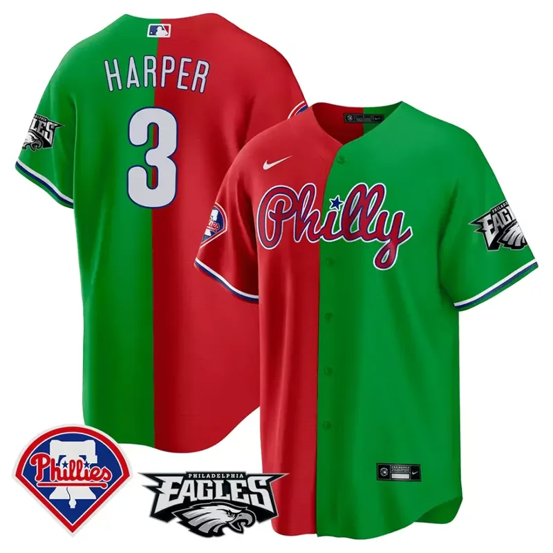 Red Green Bryce Harper Split Phillies Eagles Cool Base Jersey All Stitched