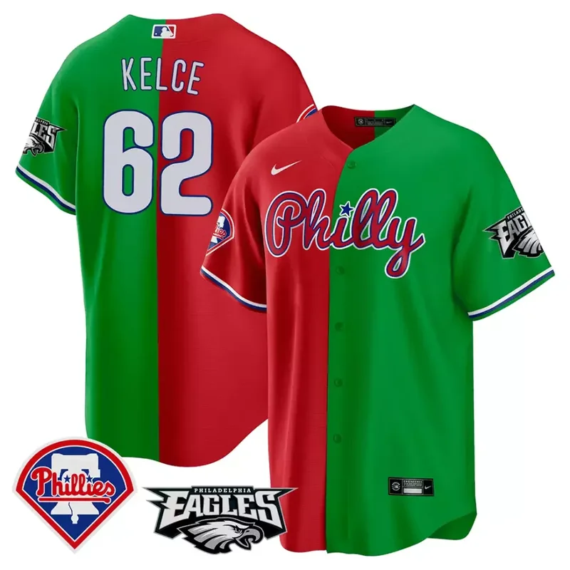 Red Green Jason Kelce Split Phillies Eagles Cool Base Jersey All Stitched