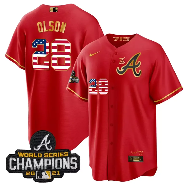 Red Gold Matt Olson Atlanta Braves The A Gold Flag Cool Base Jersey All Stitched