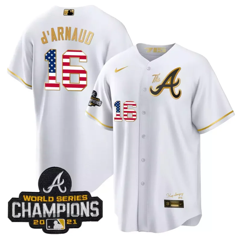 Red Gold Team Atlanta Braves The A Gold Flag Cool Base Jersey All Stitched - Image 3