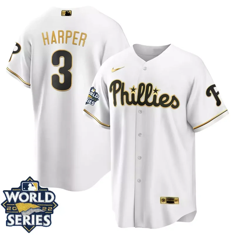 Rhys Hoskins Youth s Philadelphia Phillies Gold 2022 World Series Jersey All Stitched - Image 4