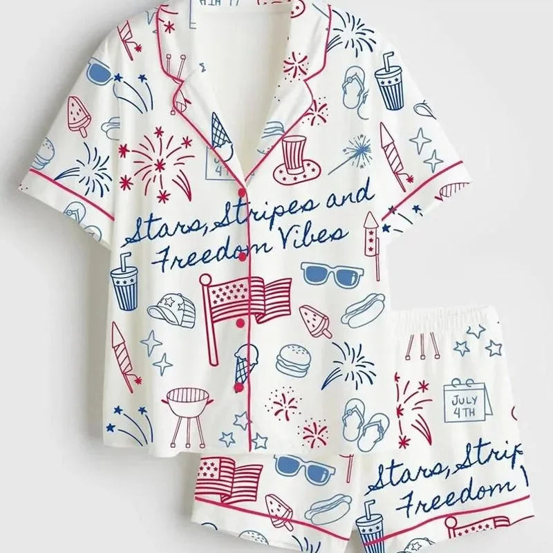 Stars Stripes And Freedom Vibes 4th Of July Patriotic America Pajamas Satin Pajama Set Adults Sleepwear Homewear Gifts Women