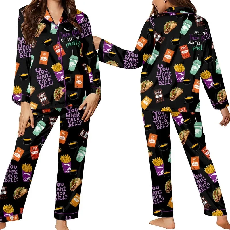 Taco Bell Short Satin Fast Food Sleepwear Set for Women Silky Pajamas Lounge Outfit Pajama Shorts Fan Gifts