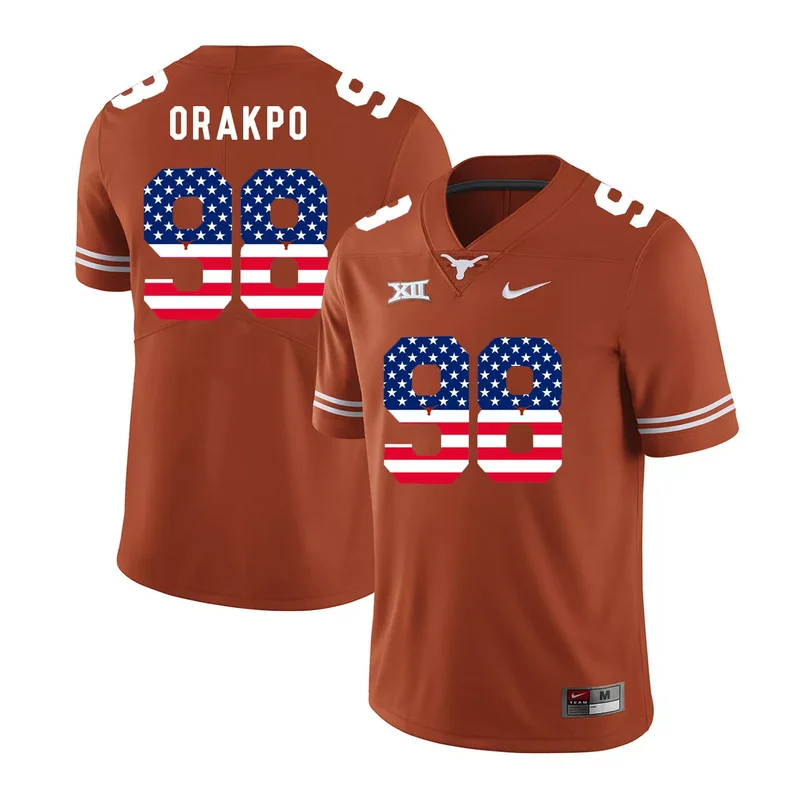 Texas Longhorns 98 Brian Orakpo Orange USA Flag College Jersey