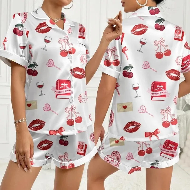 Valentine Satin Pajama Set for Women Romantic Love Print Pajamas Sleepwear Cozy Silky PJs Gift