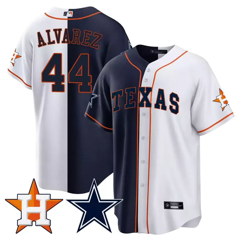 White Navy Yordan lvarez Split Astros Cowboys Cool Base Jersey All Stitched