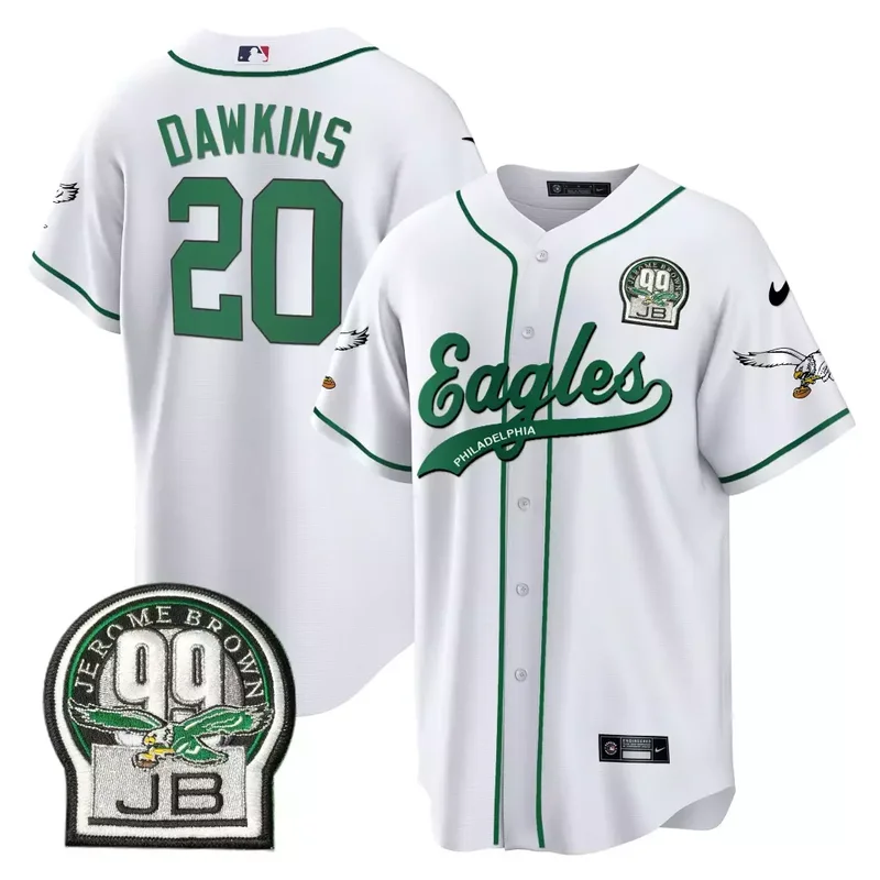 White Brian Dawkins Eagles Jerome Brown Retired Patch Kelly Green Baseball Jersey All Stitched