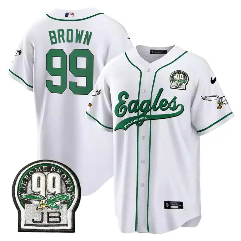 White Brian Dawkins Eagles Jerome Brown Retired Patch Kelly Green Baseball Jersey All Stitched - Image 4