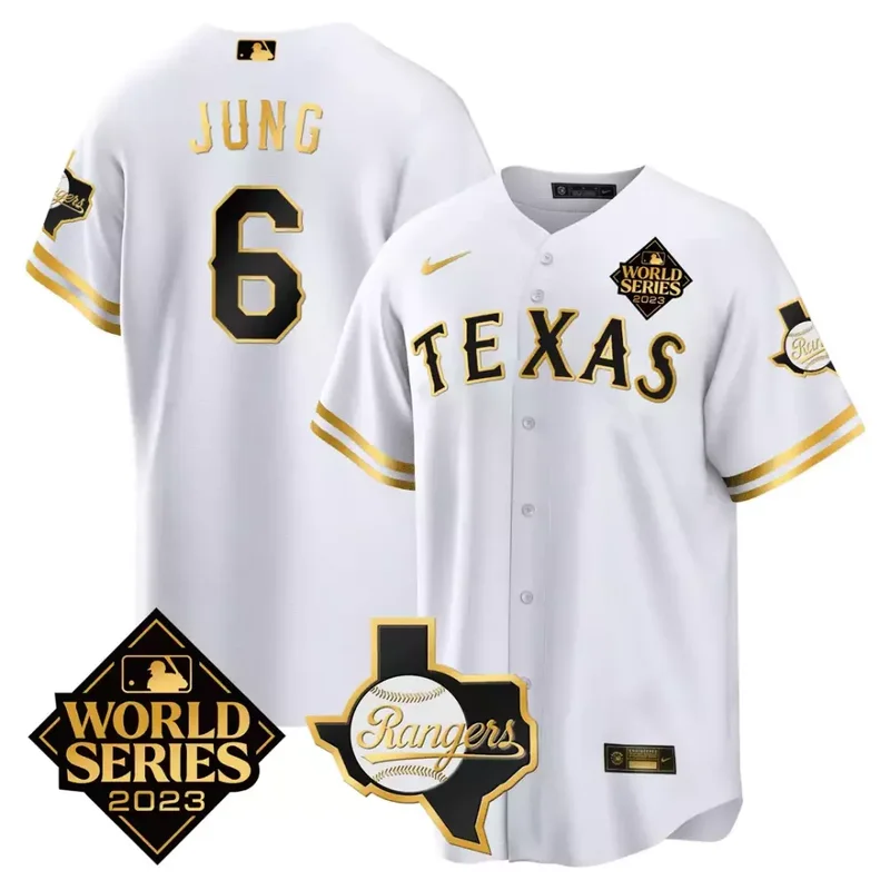 White Gold Josh Jung Texas Rangers 2023 World Series Texas State Patch Gold Jersey All Stitched