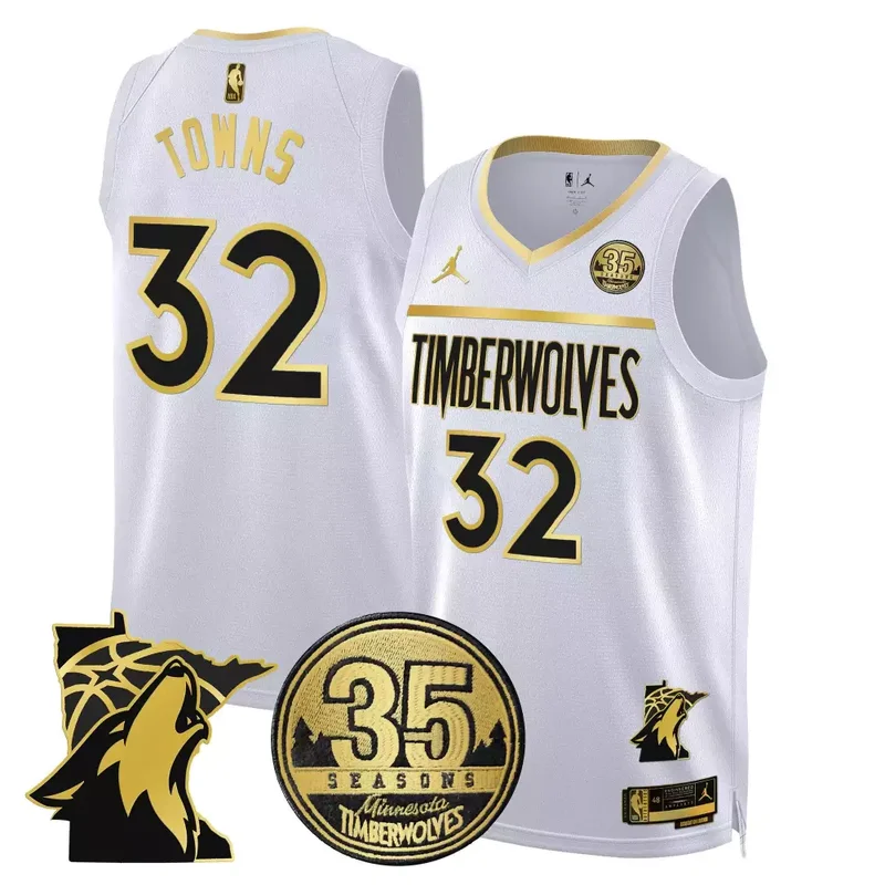 White Gold Karl Anthony Towns Timberwolves 35th Season Minnesota Patch Swingman Jersey All Stitched