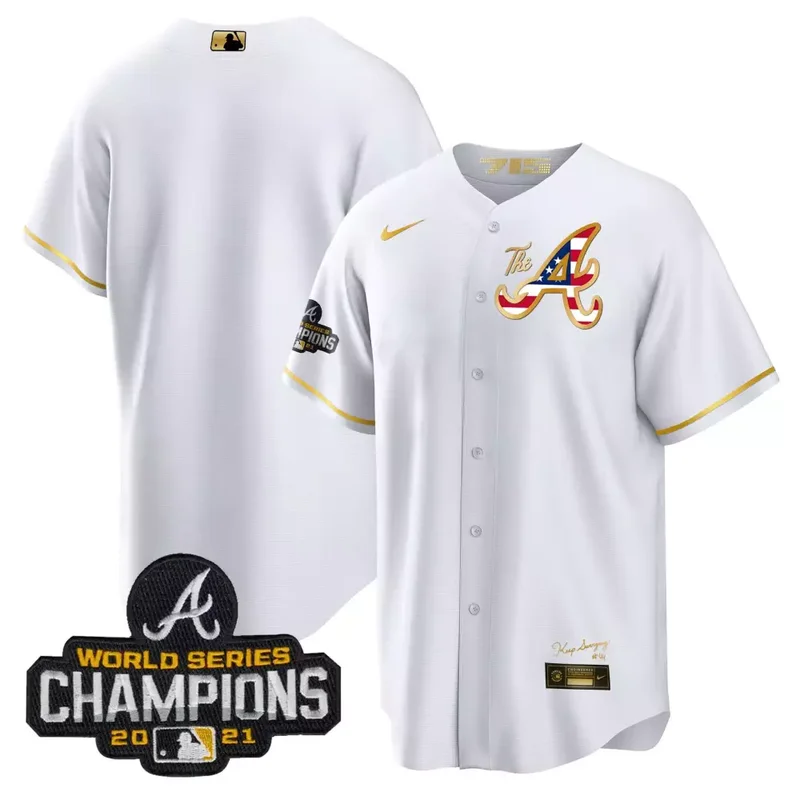 White Gold Team Atlanta Braves The A Gold Flag Cool Base Jersey All Stitched