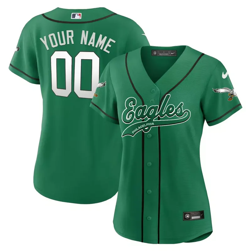 White Gold Trim Eagles Kelly Green Baseball Custom Jersey All Stitched - Image 4