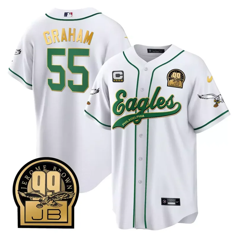 White Gold Trim Saquon Barkley Eagles Jerome Brown Retired Patch Kelly Green Baseball Jersey All Stitched - Image 5