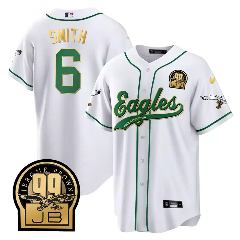 White Gold Trim Saquon Barkley Eagles Jerome Brown Retired Patch Kelly Green Baseball Jersey All Stitched - Image 3