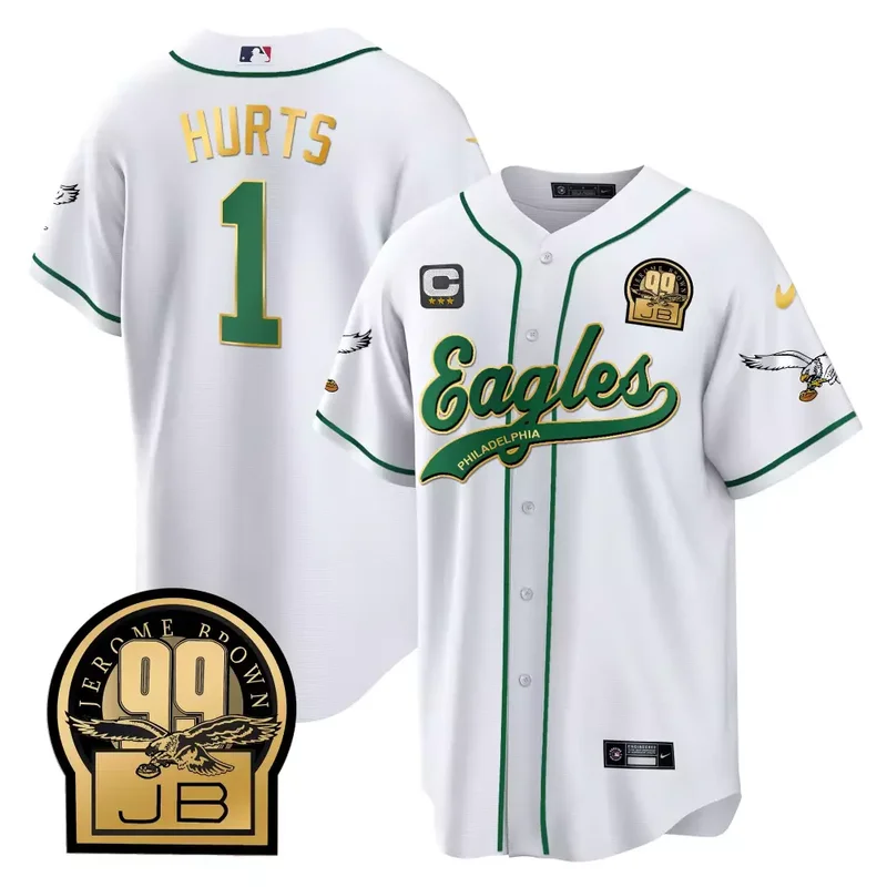 White Gold Trim Saquon Barkley Eagles Jerome Brown Retired Patch Kelly Green Baseball Jersey All Stitched - Image 2