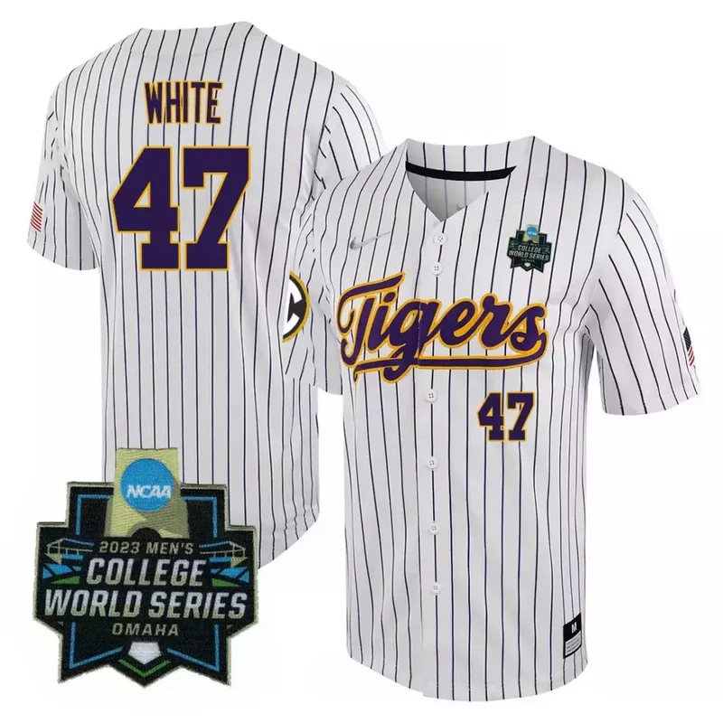 White Pinstripe Tommy White LSU Tigers College Baseball World Series Jersey V2 All Stitched