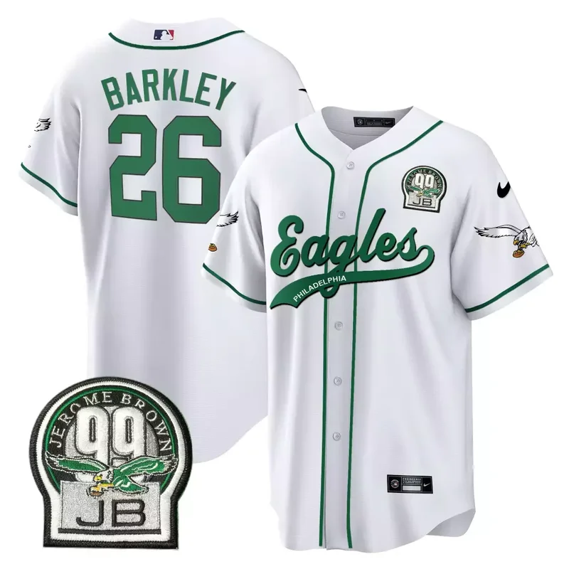 White Saquon Barkley Eagles Jerome Brown Retired Patch Kelly Green Baseball Jersey All Stitched