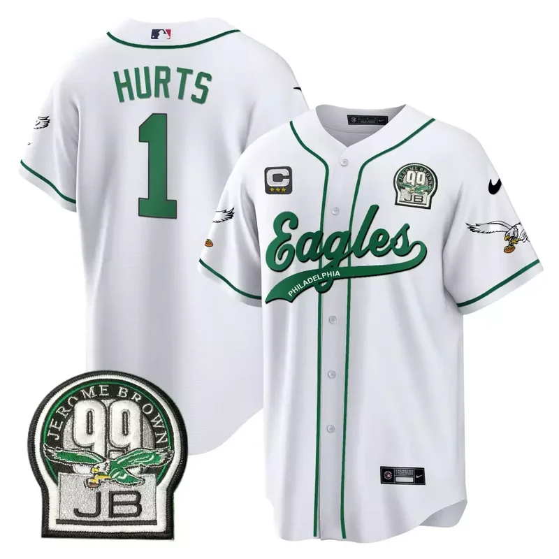 White Saquon Barkley Eagles Jerome Brown Retired Patch Kelly Green Baseball Jersey All Stitched - Image 2
