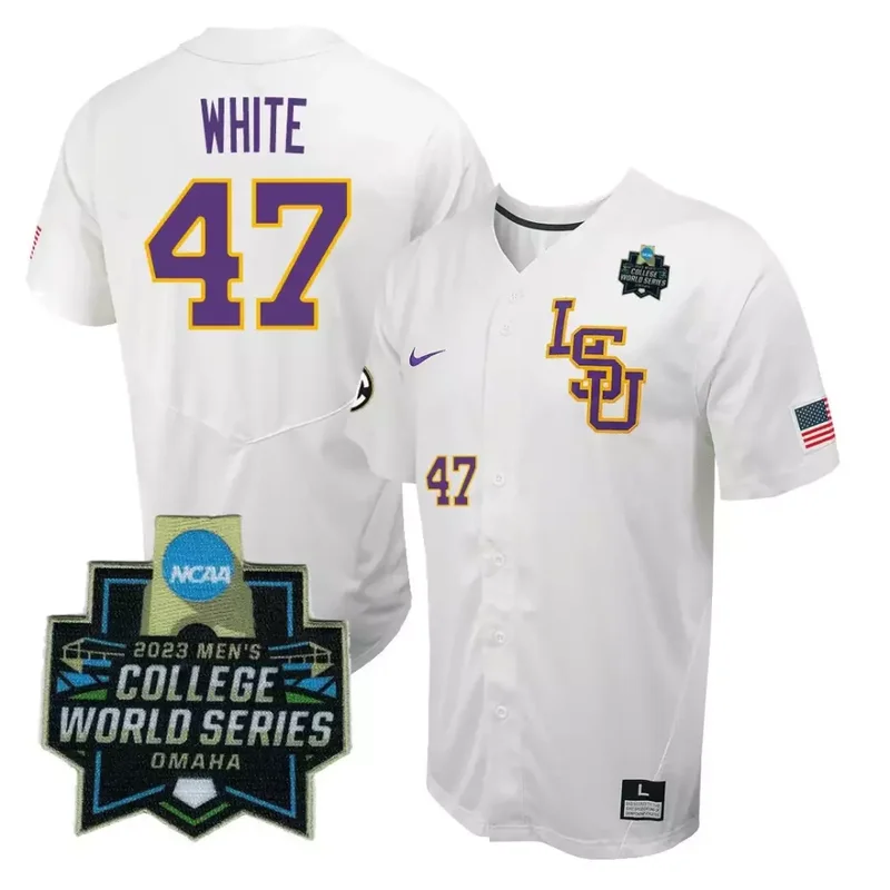 White Tommy White LSU Tigers College Baseball World Series Jersey V2 All Stitched