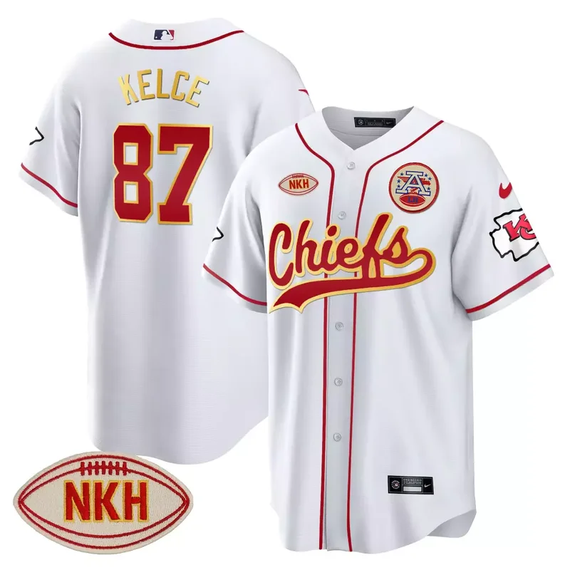 White Travis Kelce Chiefs NKH Patch Baseball Jersey All Stitched