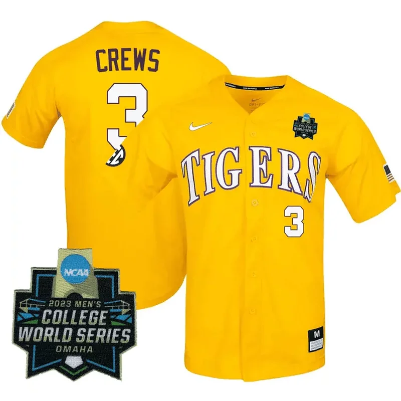 Yellow Dylan Crews LSU Tigers College Baseball World Series Jersey All Stitched